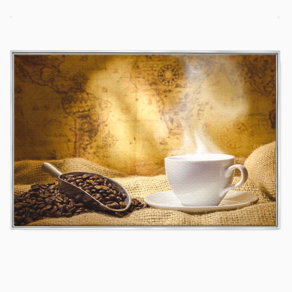 Tablou canvas cu ceasca de cafea cu boabe pe sac de iuta, in rama de aluminiu argintiu
